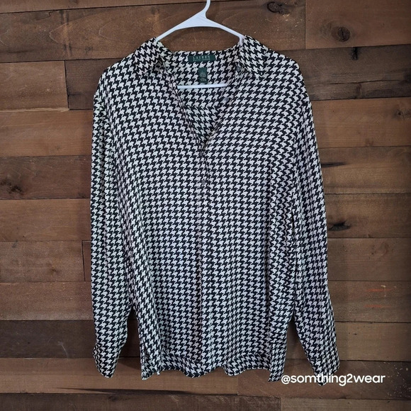 LAUREN RALPH LAUREN  Houndstooth Long Sleeve Semi Sheer Blouse SIZE L - Picture 1 of 7